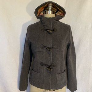 Burberry grey virgin wool hooded toggle jacket.